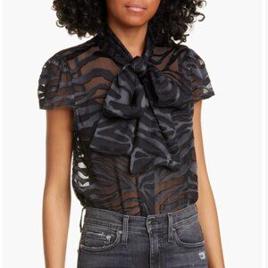 NWT Alice + Olivia Sheer Black Burnout  Satin Tiger Print Blouse Sz MED MSRP 295